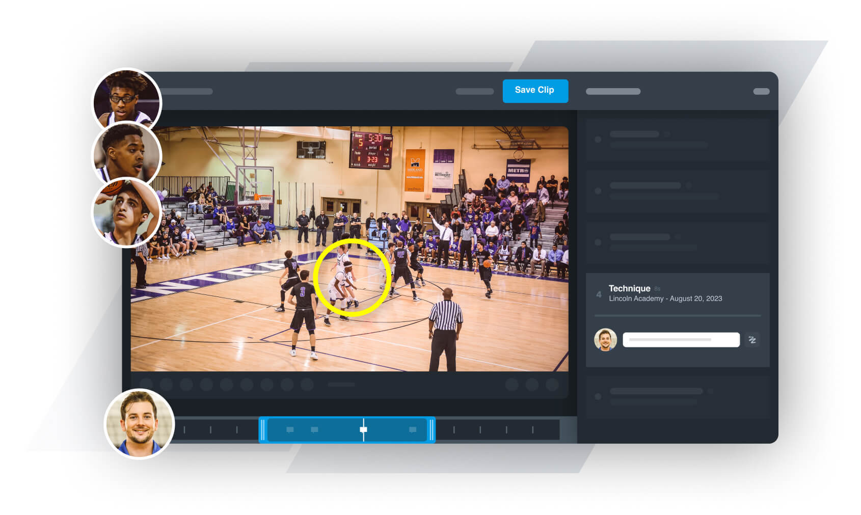 Basketball UI showing a note from a coach