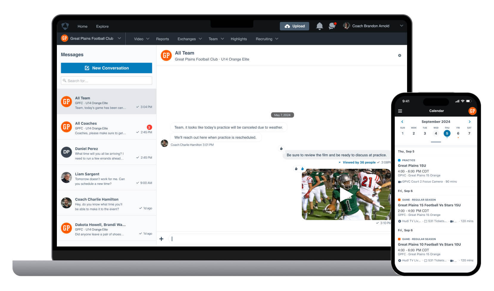 A phone and a laptop displaying the messaging and scheduling interfaces for Hudl.