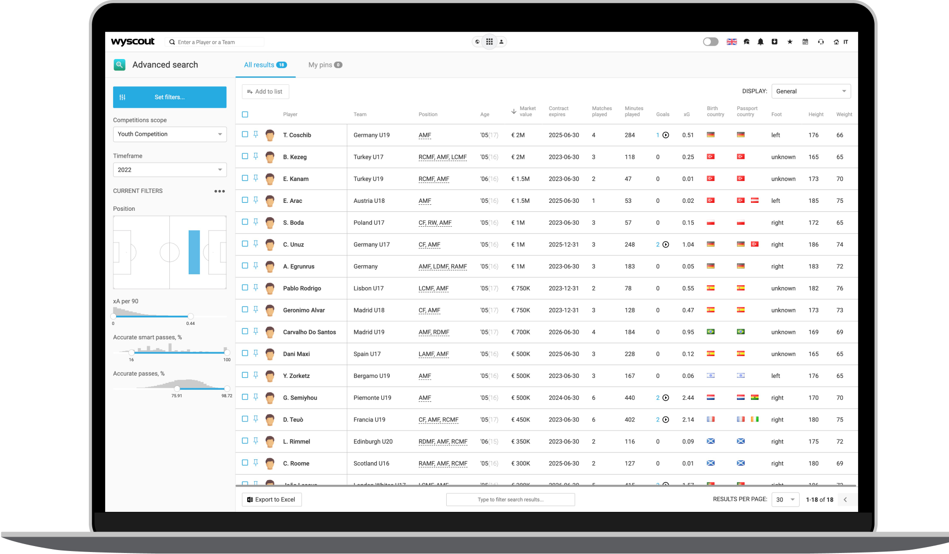 Wyscout advanced search interface on a laptop