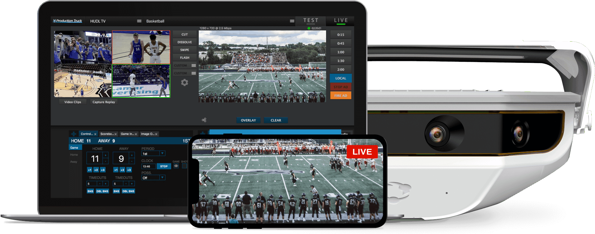 Image of Hudl Focus camera with Production Truck interface on a laptop